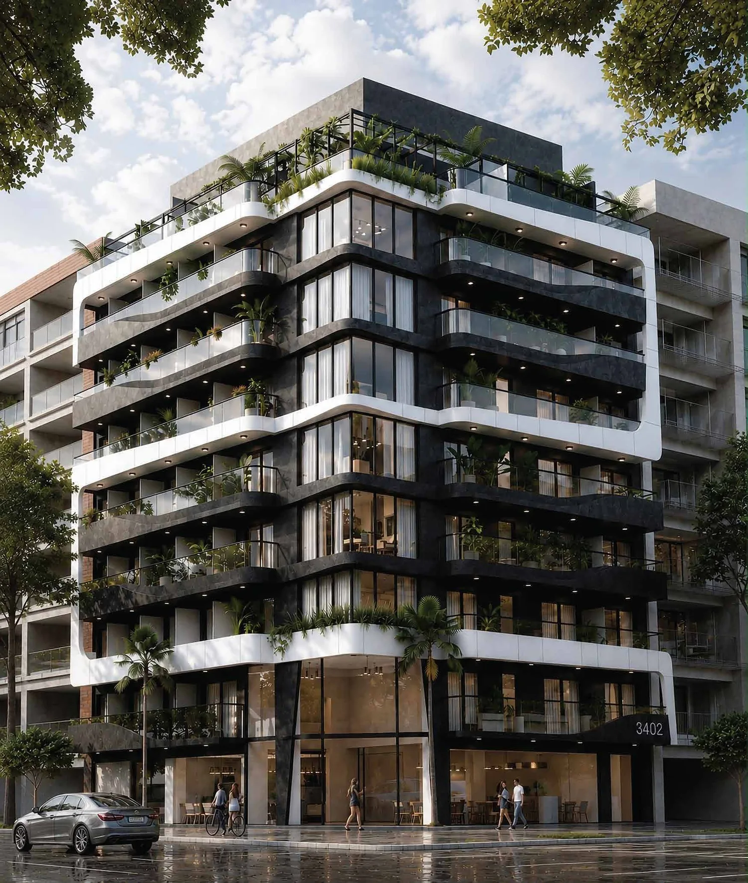 Render de la fachada de Ambbi Allure en Av. Cerviño 3402, Palermo Chico