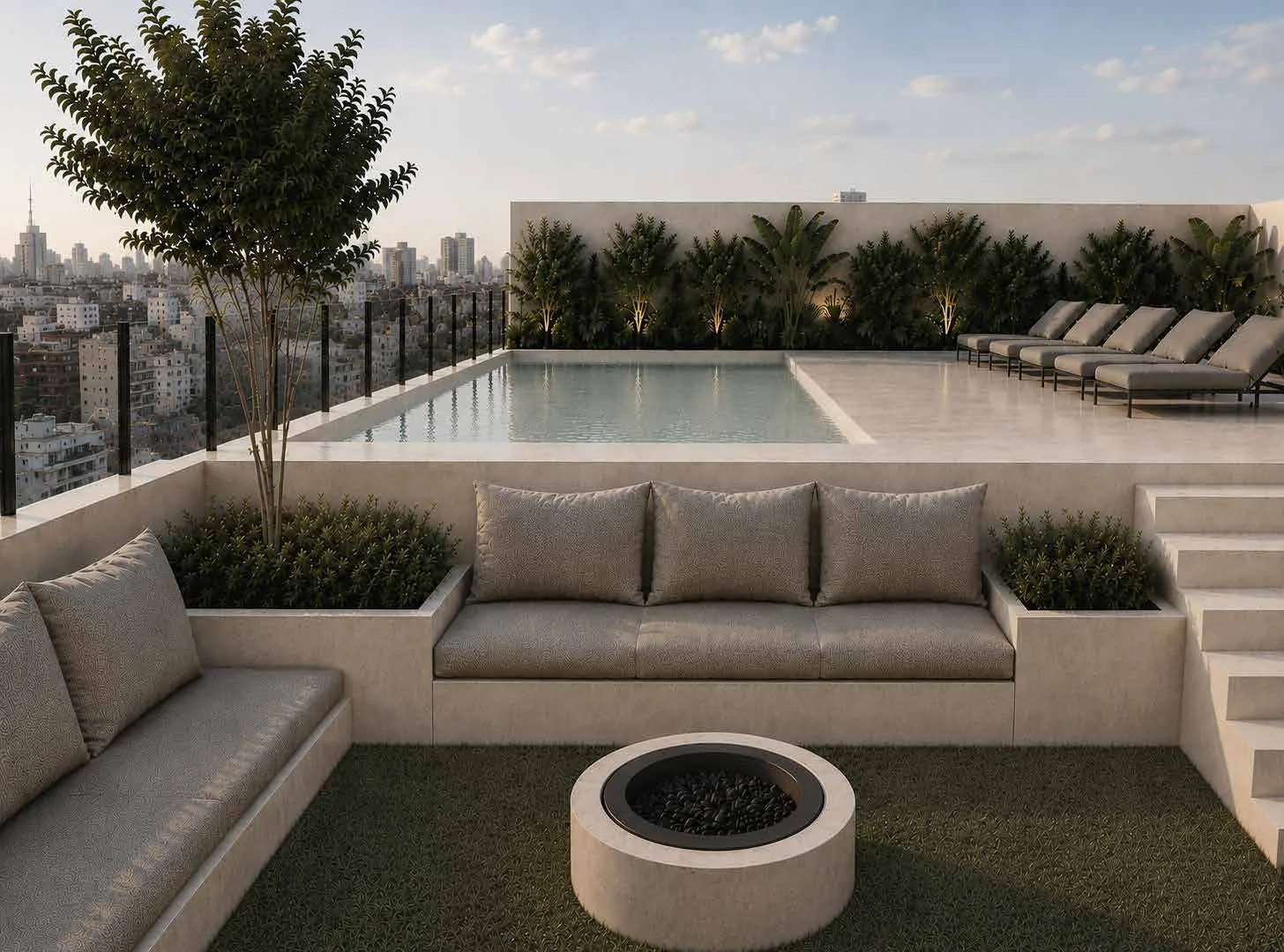 Fogonero y lounge exterior en la terraza de Allure