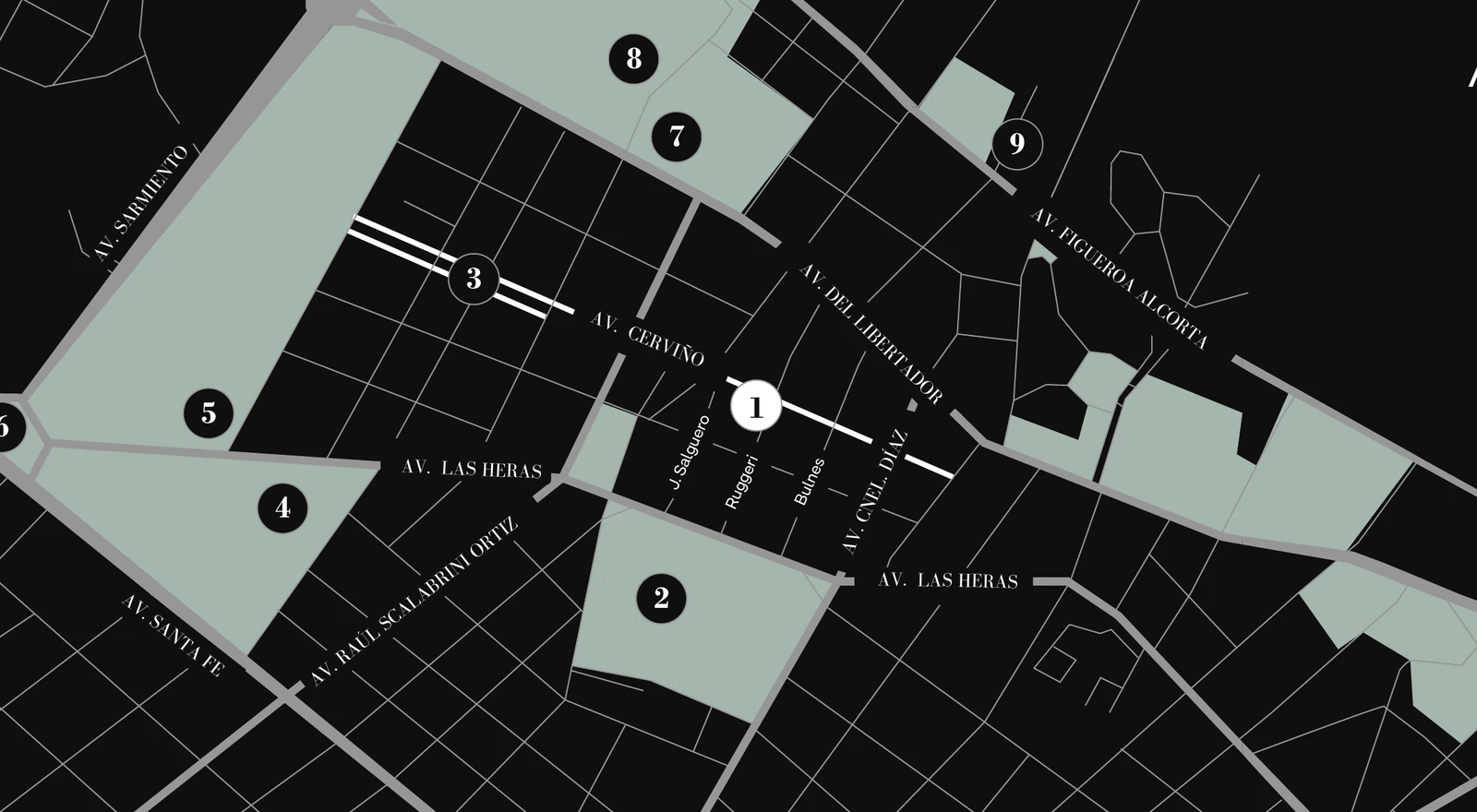 Mapa del proyecto — Av. Cerviño 3402 y los nueve puntos del barrio: Parque Las Heras, Boulevard Cerviño, Jardín Botánico, Ecoparque, Plaza Italia, Plaza Alemania, Jardín Japonés y MALBA