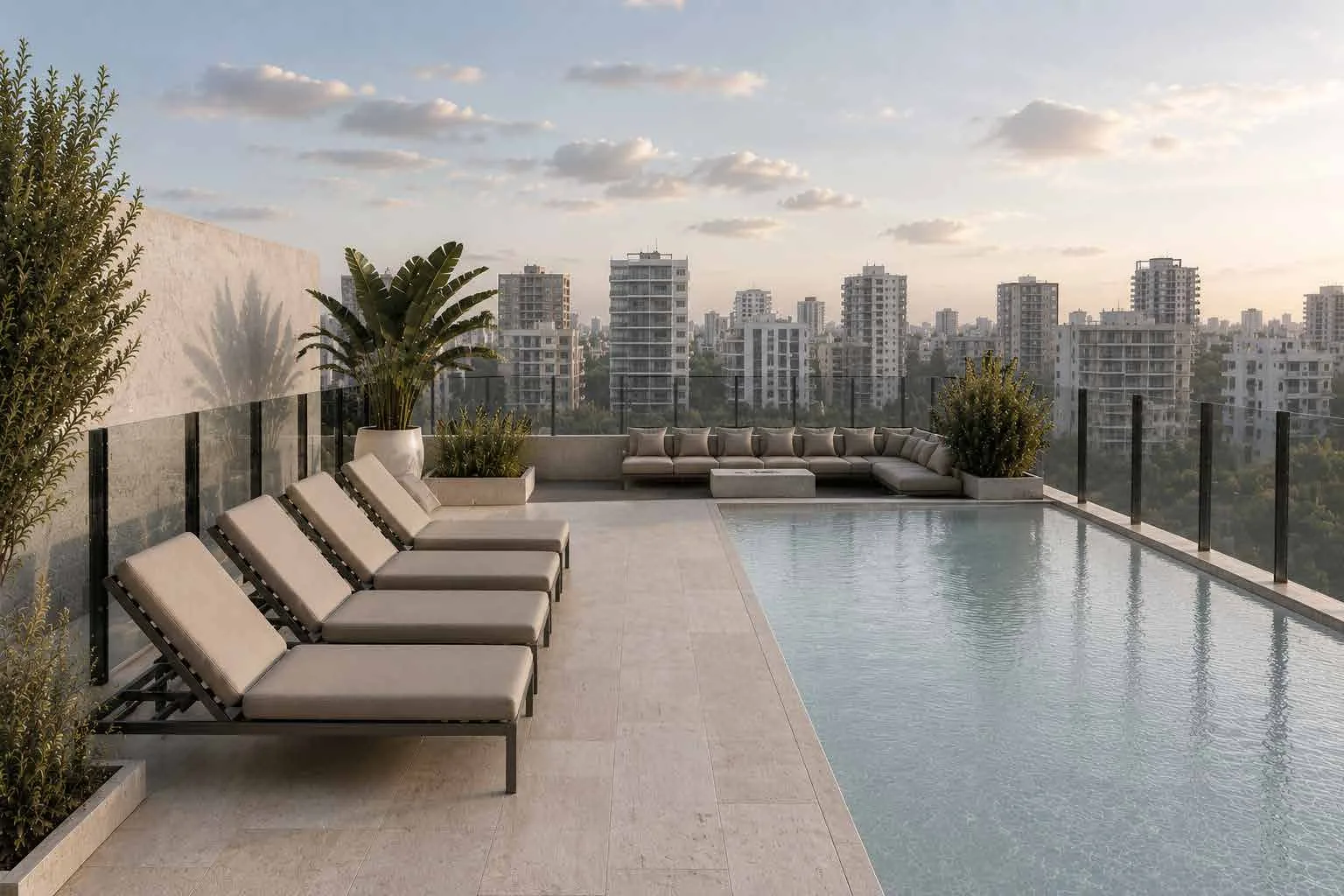 Piscina y solárium en la terraza de Allure
